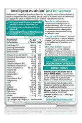 Nutritional information for Vitabiotics Wellwoman Vegan tablets designed for women's health and dietary support.